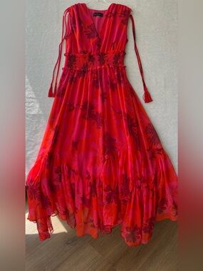 Zarr Collection Vibrant Red Floral Maxi Dress with Smocked Waist